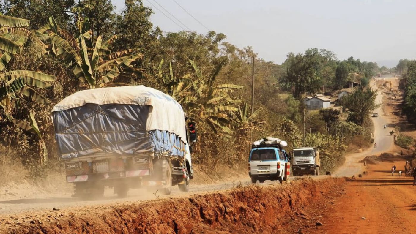 A truck of coffee on a dirt road in Ethiopia.